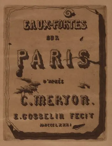 Titre des Eaux-fortes sur Paris:  Cover, by Edmond Gosselin