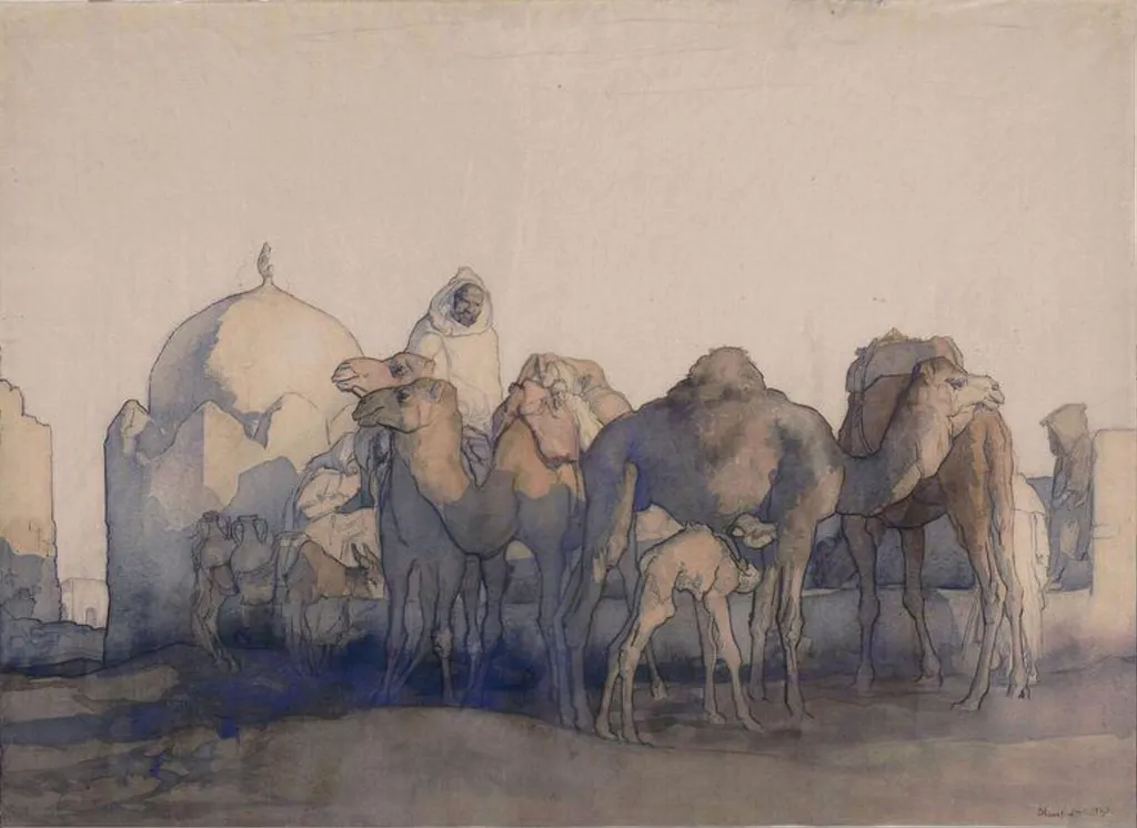 Camels at a well, Tunisia, by Edmund RBA, RE Blampied, watercolor, 1927