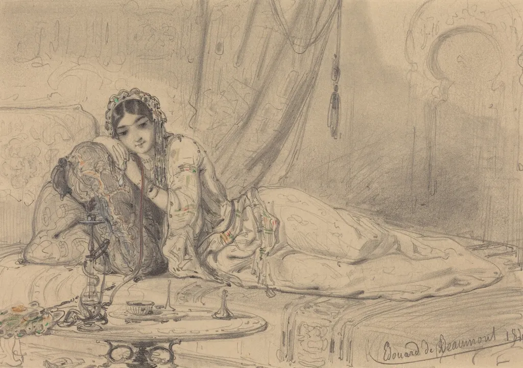 A Middle Eastern Woman Reclining in an Exotic Setting, by Édouard de Beaumont, graphite, 1844