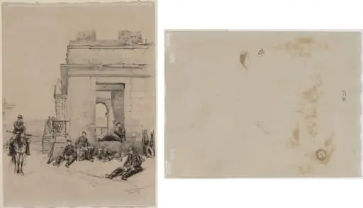 Soldiers Resting (recto); Sketch of a Man with Upraised Arm and Sketch of a Helmet (verso), by Édouard Detaille