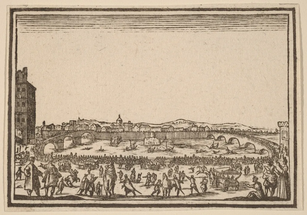 Fireworks on the Arno, Florence, by Edouard Eckman, ink, 1621