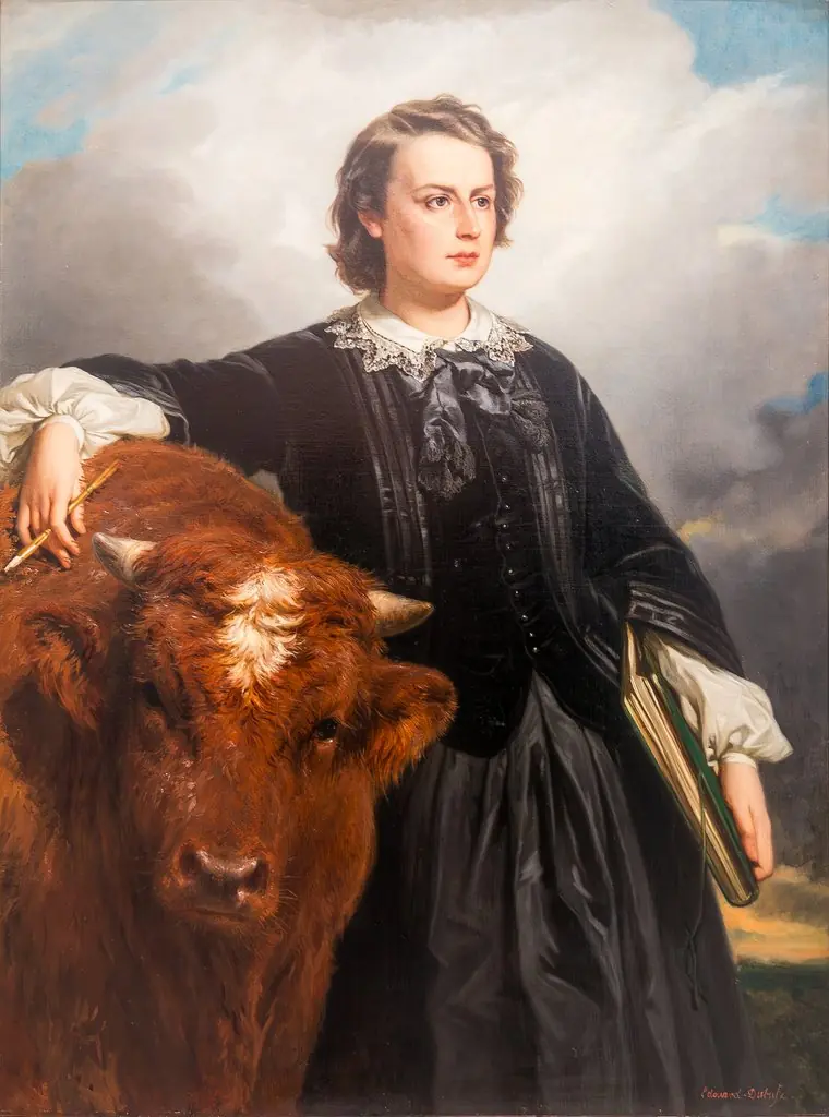 Portrait de peintre Rosa Bonheur aux côtés d'un bovidé