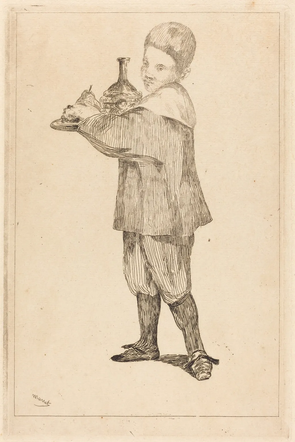 Child Holding a Tray (L'Enfant Portant un Plateau), by Edouard Manet, ink, 1862