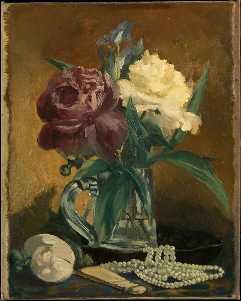Still Life with Flowers, Fan, and Pearls, by Édouard Manet, oil, 1861