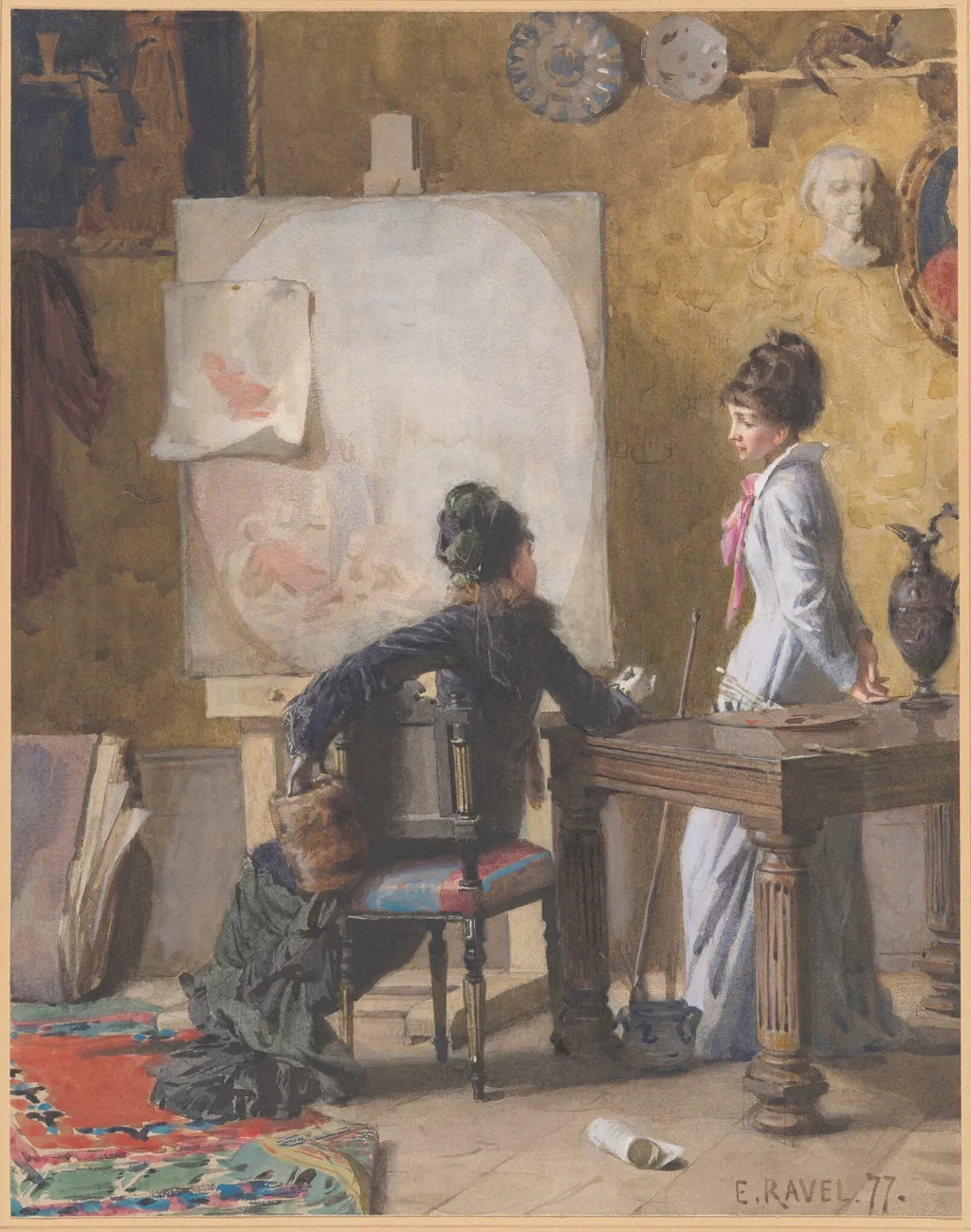 Adéle de Saussure and Marie-Louise Ravel, the Artist's Wife, in His Studio, by Edouard Ravel, watercolor, 1877