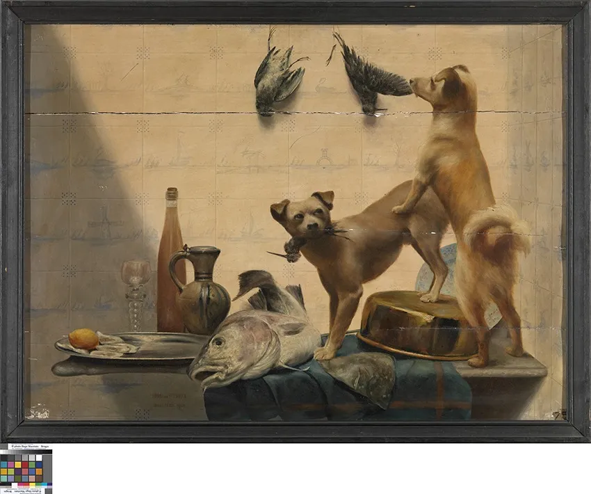 Stilleven met honden, by Edouard van Speybrouck, oil, 1905