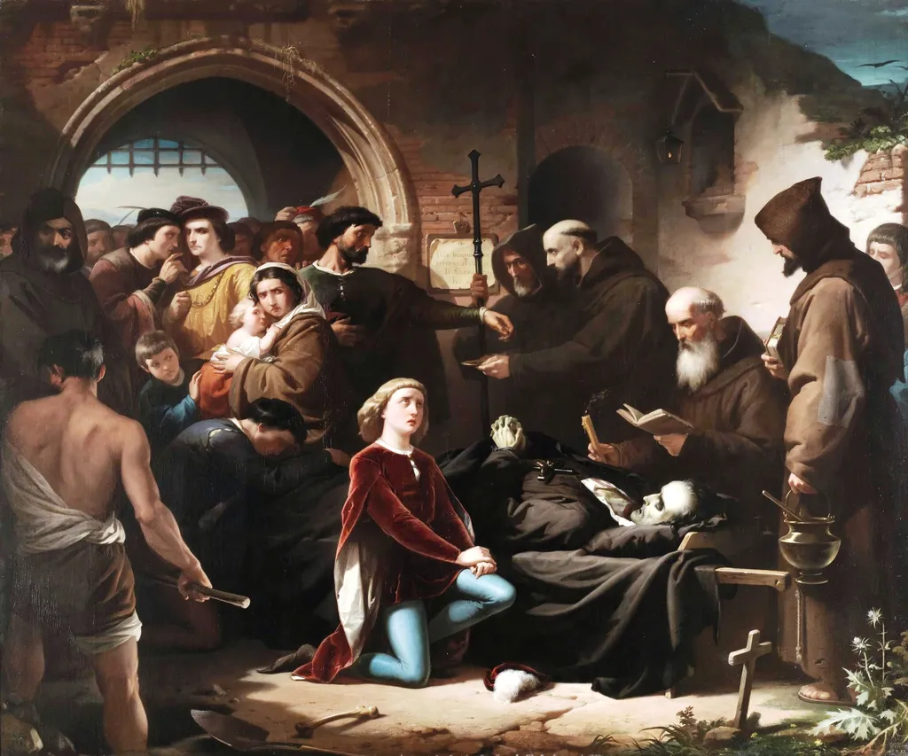 Don Álvaro de Luna condestable y favorito del rey D. Juan II de Castilla decapitado públicamente en la Plaza Mayor de Valladolid el 2 de junio de 1453 es enterrado de limosna en el cementerio de los ajusticiados extramuros de dicha ciudad, by Eduardo Cano, oil, 1858