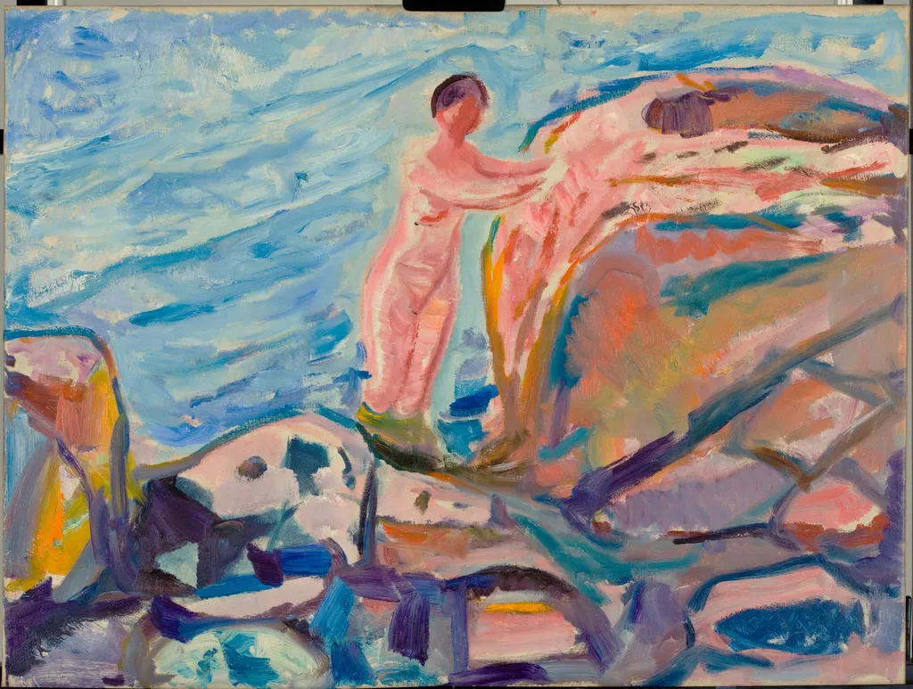 Bathing Woman by a Red Cliff, by Edvard Munch, oil, 1914