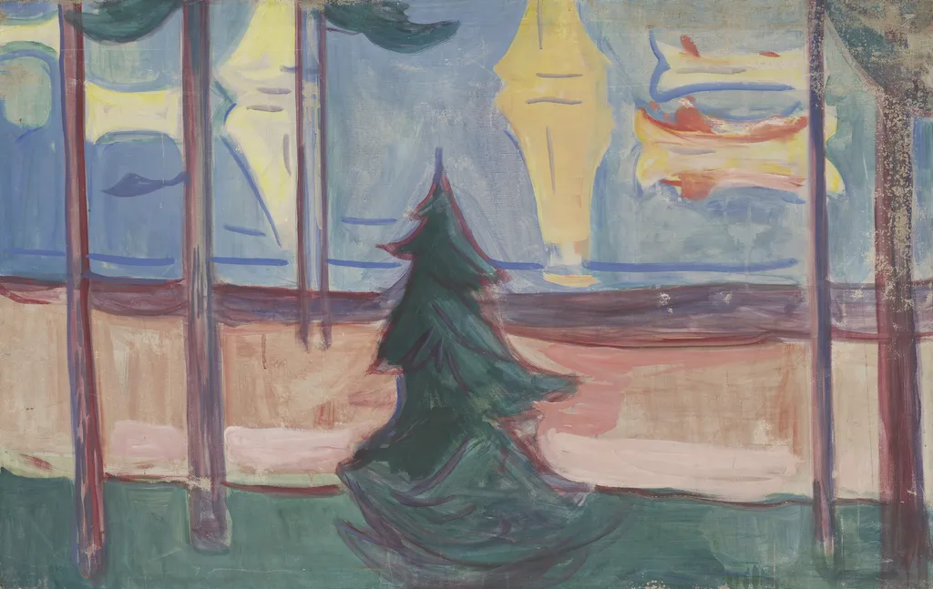 Beach Landscape with Trees and Boats, by Edvard Munch, oil, 1905