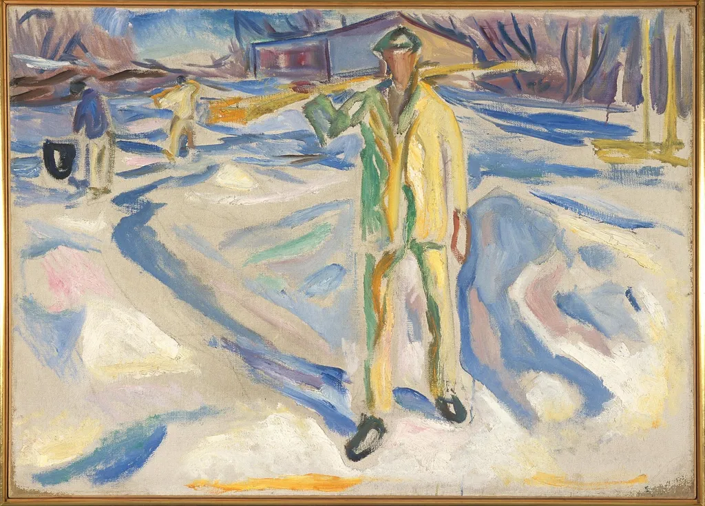 Building Workers in Snow, by Edvard Munch, oil, 1920