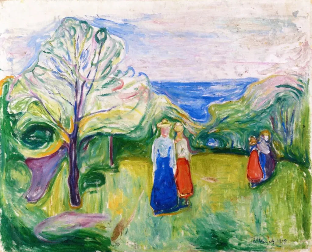 Cherry Tree in Blossom and Young Girls in the Garden, by Edvard Munch