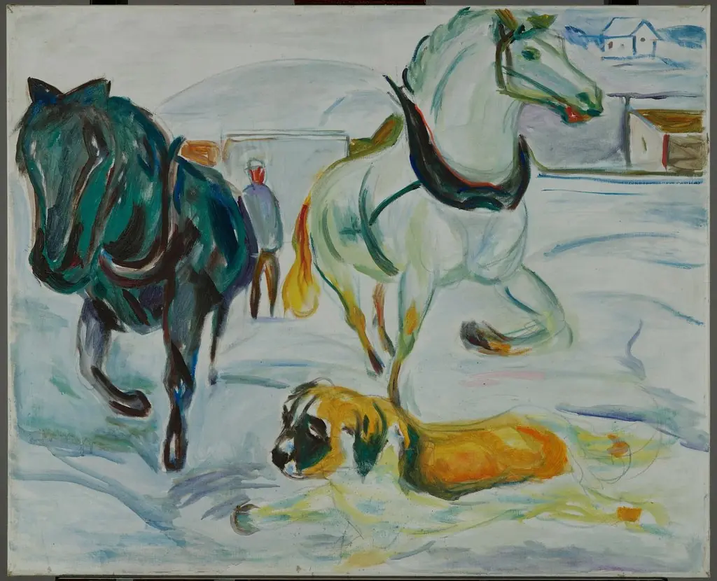 Horse Team and a St. Bernhard in the Snow, by Edvard Munch
