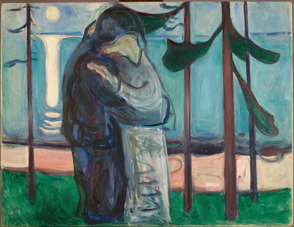 Kiss on the Shore by Moonlight, by Edvard Munch, oil, 1914