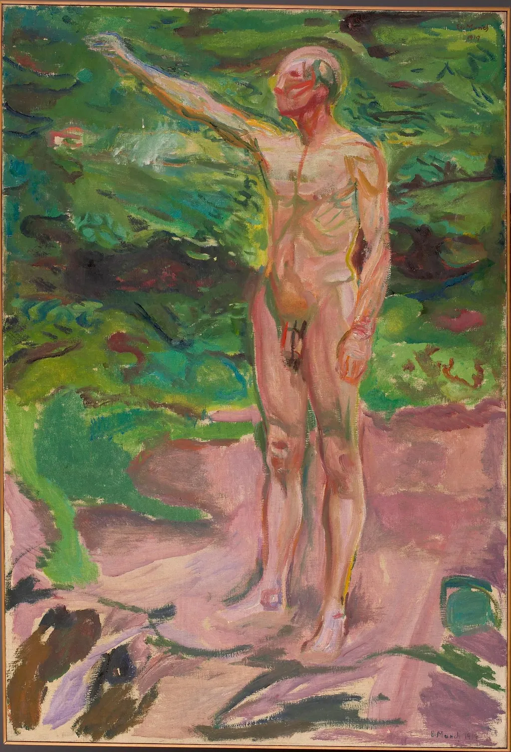 Male Nude in the Woods, by Edvard Munch, oil, 1919