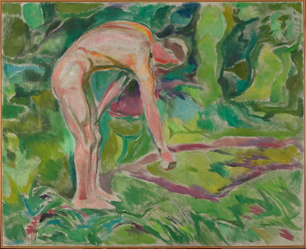 Male Nude Leaning forwards in the Woods, by Edvard Munch, oil, 1919