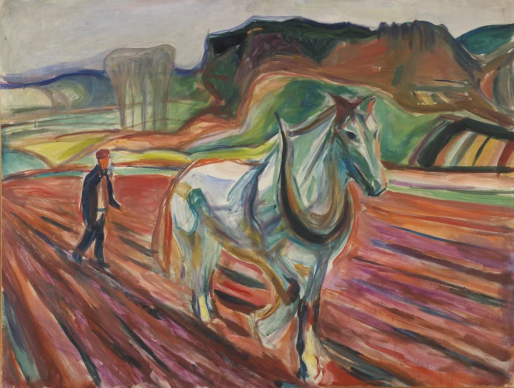 Man Ploughing with a White Horse, by Edvard Munch, oil, 1919