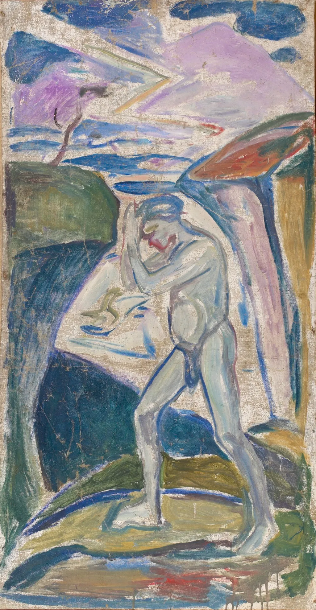 Naked Man in Rocky Landscape, by Edvard Munch, oil, 1926