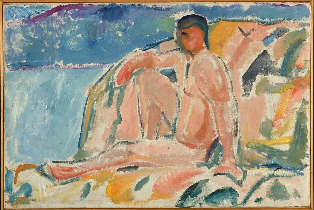Naked Man on Rock, by Edvard Munch, oil, 1915