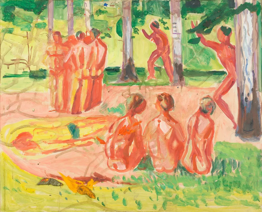 Naked Men in Birch Forest, by Edvard Munch, oil, 1940