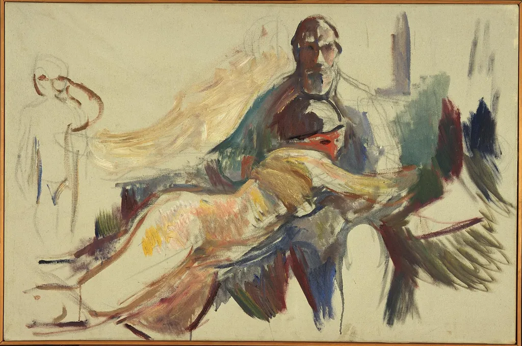 Old Man with Naked Woman on his Lap, by Edvard Munch, oil, 1913