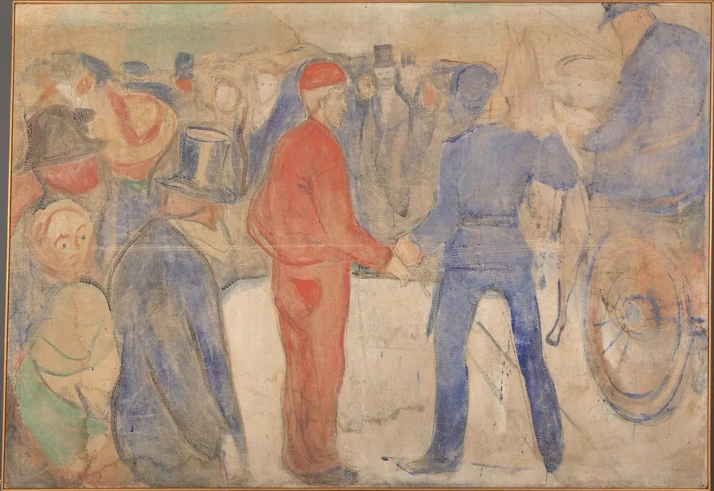 People Gathering around a Man in Red, by Edvard Munch