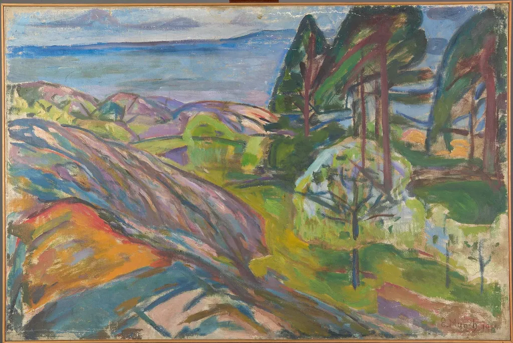 Pine Trees and Fruit Trees in Blossom, by Edvard Munch, oil, 1911
