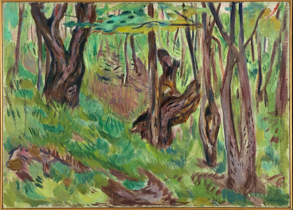 Rugged Tree Trunks in Summer, by Edvard Munch, oil, 1923