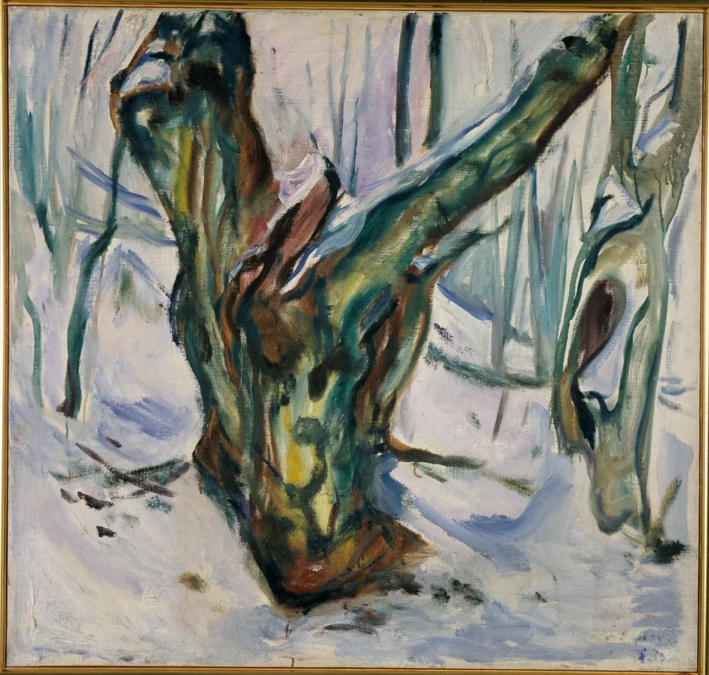 Rugged Trunk in Snow, by Edvard Munch, oil, 1923