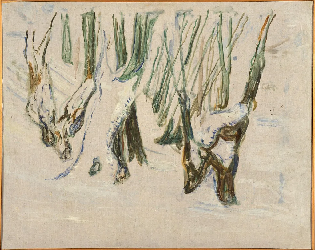 Rugged Trunks in Snow, by Edvard Munch, oil, 1923