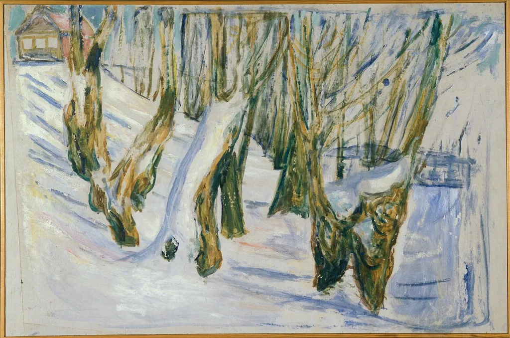 Rugged Trunks in Snow, by Edvard Munch, oil, 1923