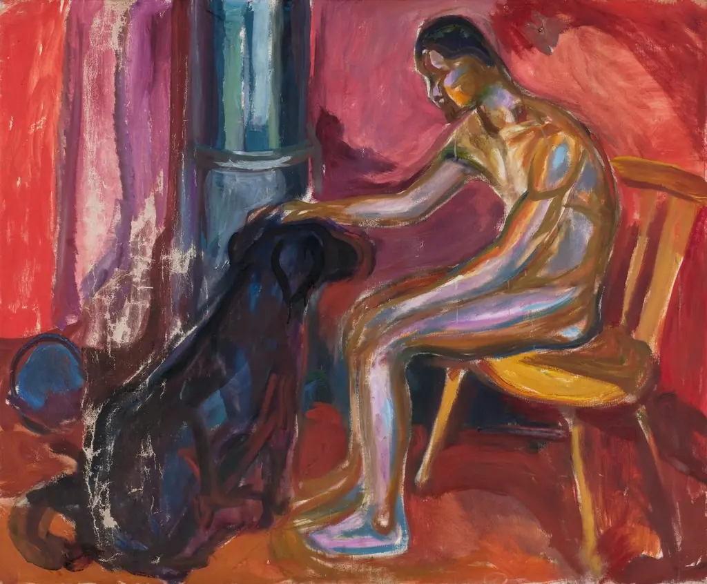 Seated Naked Man with Dog, by Edvard Munch