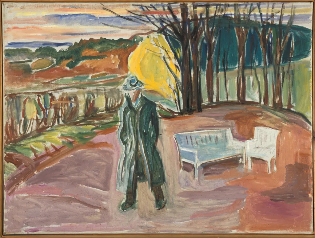 Self-Portrait by the Arbour, by Edvard Munch, oil, 1942
