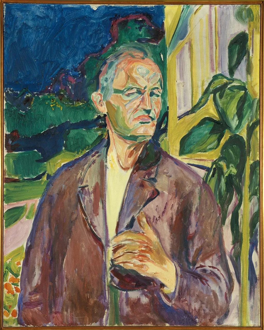 Self-Portrait in Front of the House Wall, by Edvard Munch, oil, 1926