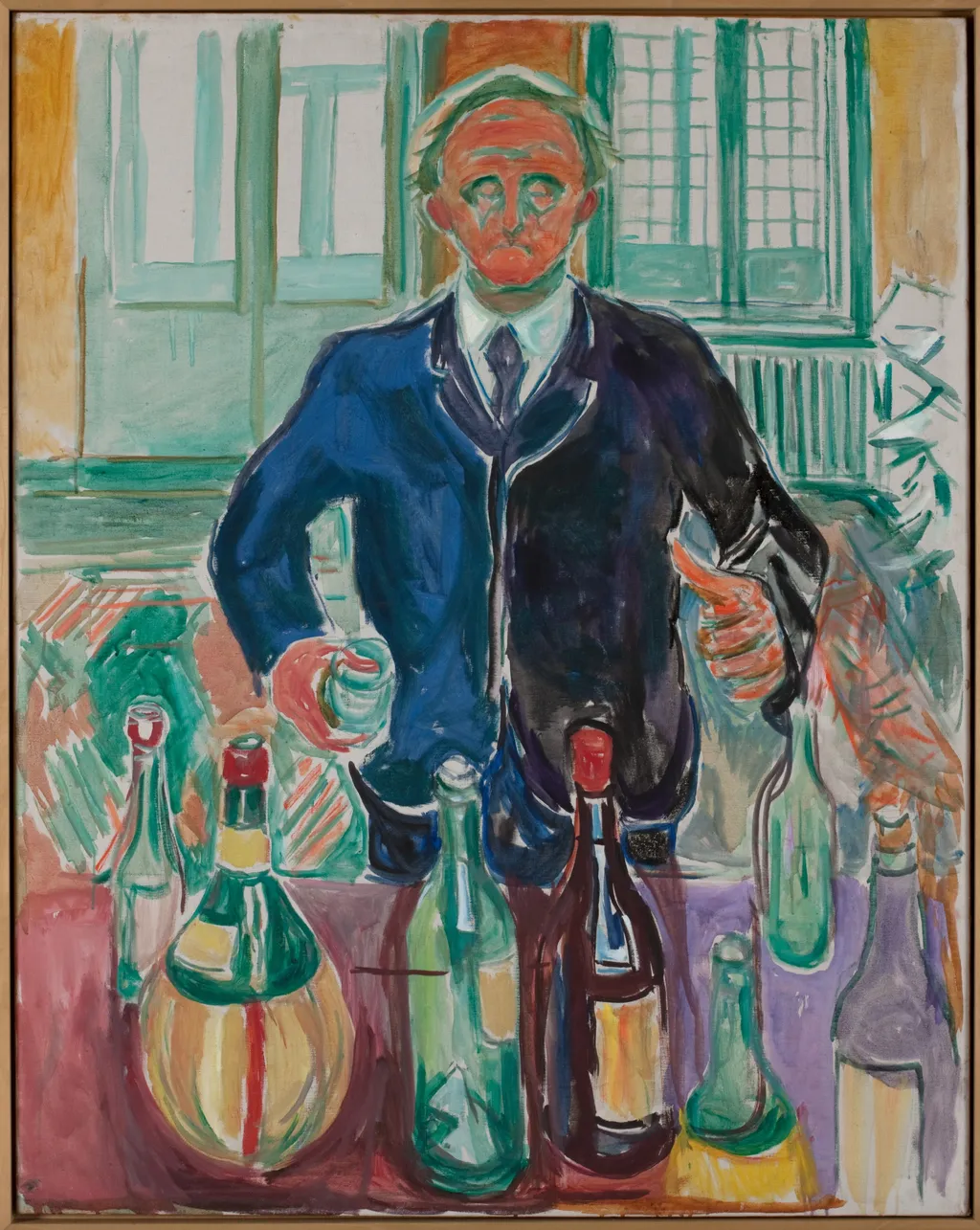 Self-Portrait with Bottles, by Edvard Munch, oil, 1938