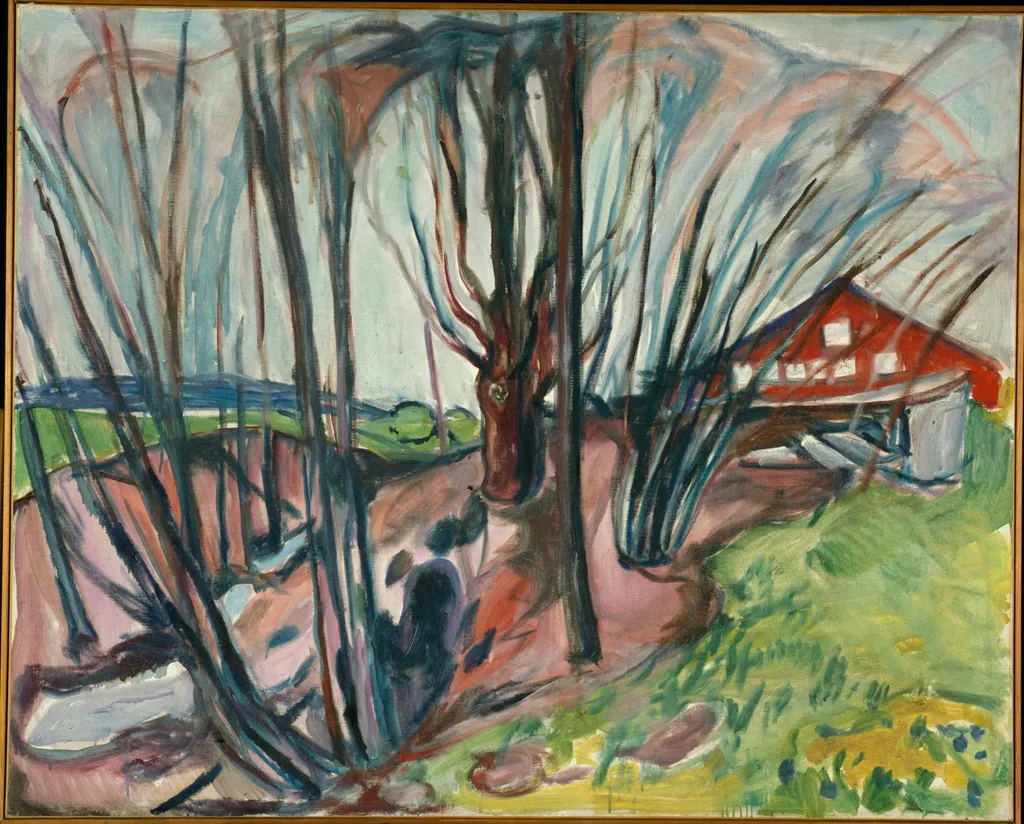 Spring Landscape with Red House, by Edvard Munch, oil, 1920