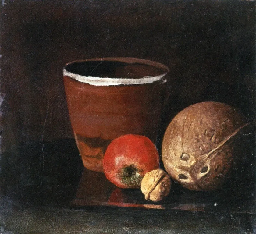 Still Life with Jar, Apple, Walnut and Coconut, by Edvard Munch, oil, 1891