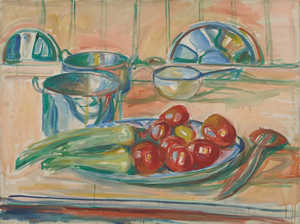 Still Life with Tomatoes, Leek and Casseroles, by Edvard Munch, oil, 1926