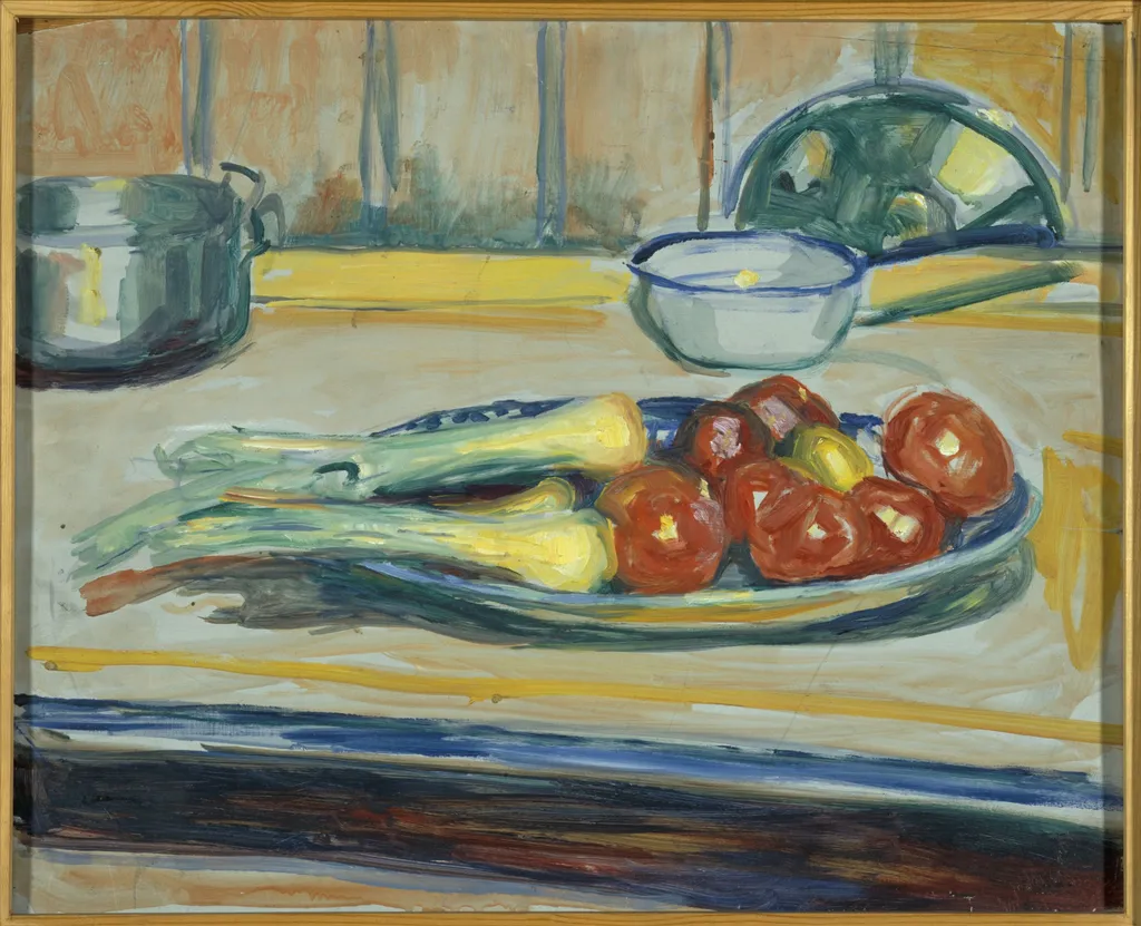 Still Life with Tomatoes, Leek and Casseroles, by Edvard Munch, oil, 1926