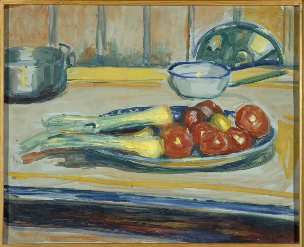 Still Life with Tomatoes, Leek and Casseroles, by Edvard Munch