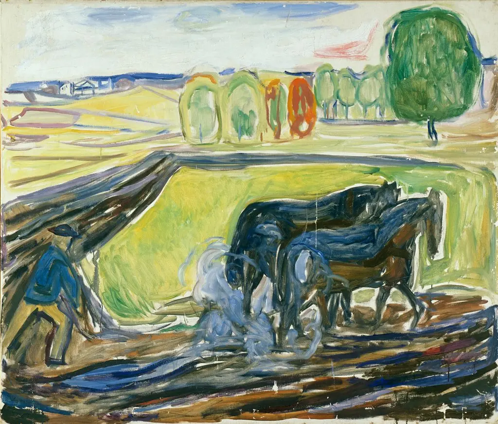 Two Black Horses at the Plough, by Edvard Munch