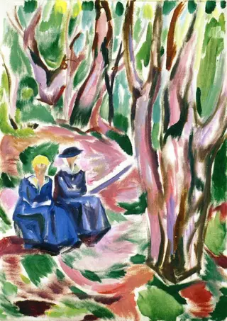 Two Women in the Woods at Ekely, by Edvard Munch, 1920