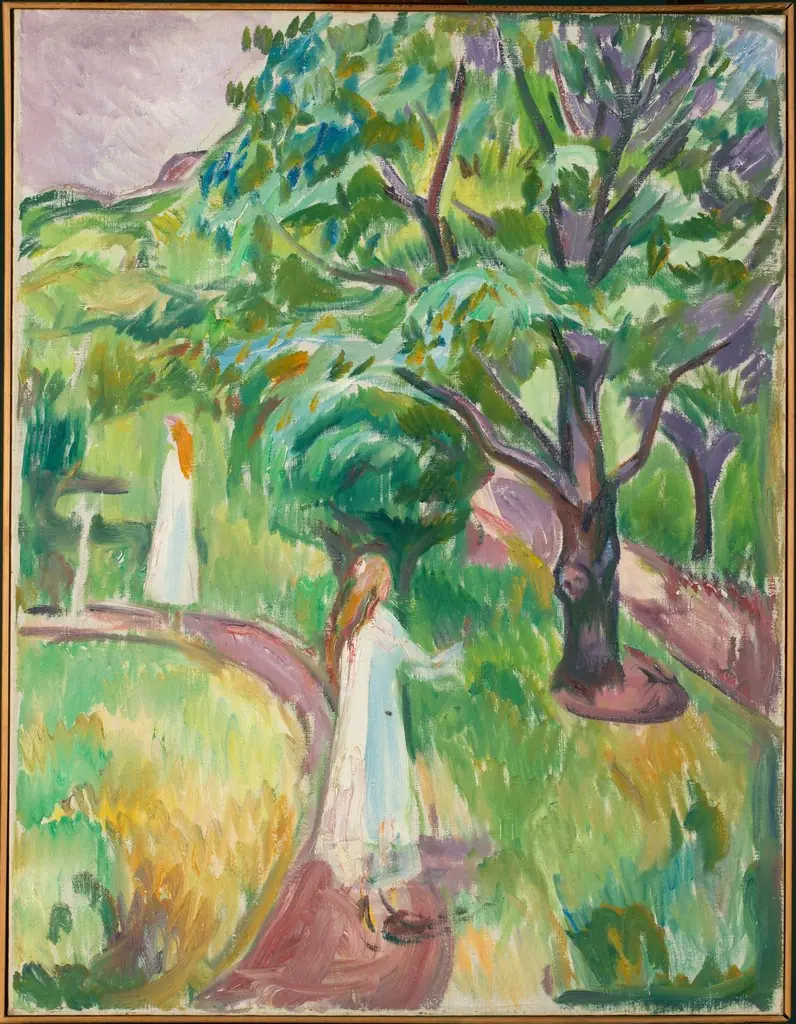 Two Women in White Dresses in the Garden, by Edvard Munch