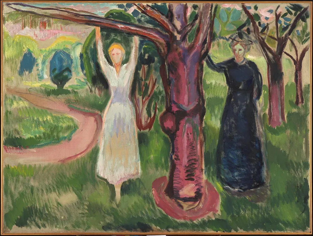 Two Women under the Tree in the Garden, by Edvard Munch, oil, 1919