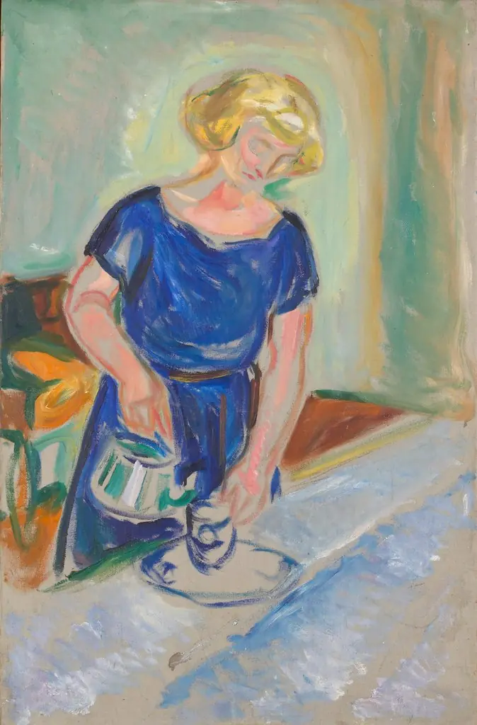 Woman in a Blue Dress Pouring Coffee