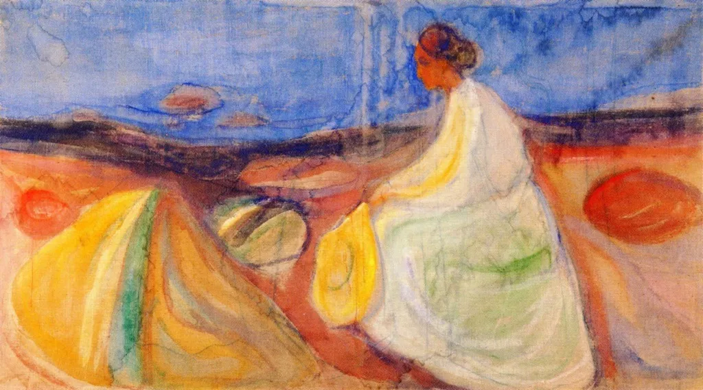 Woman in White Sitting on the Beach, by Edvard Munch, tempera, 1906