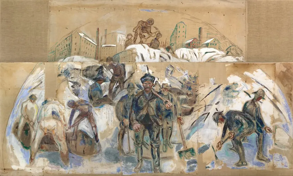 Workers on the Building Site. Draft for a Decoration of Oslo City Hall, by Edvard Munch