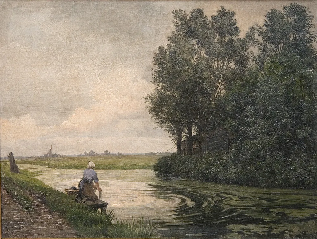 Hollandsk landskab. En pige vasker ved en kanal, by Edvard Petersen, oil, 1888