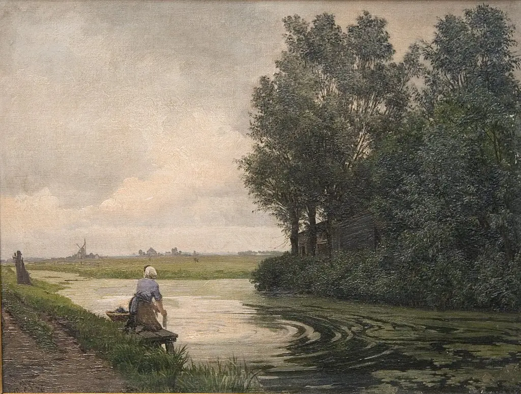 Hollandsk landskab. En pige vasker ved en kanal, by Edvard Petersen