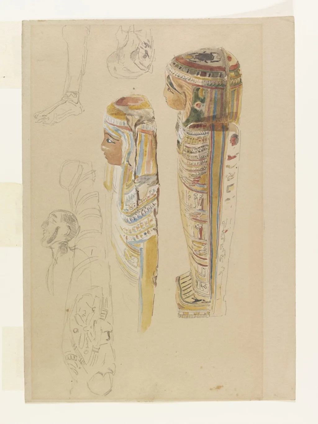 Studies of Mummy cases and Mummies, by Edward Angelo Goodall, watercolor, 1875