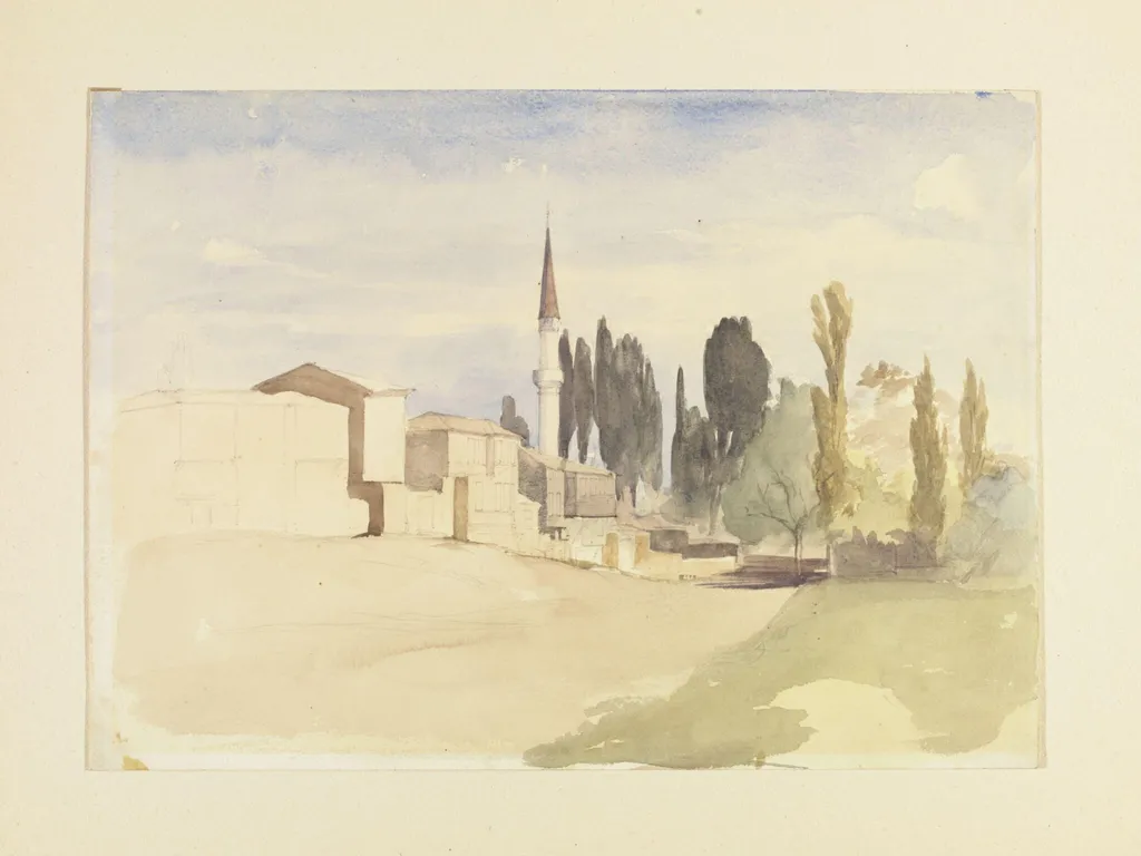 A group of houses, a minaret and cypress trees, by Edward Armitage, watercolor, 1855